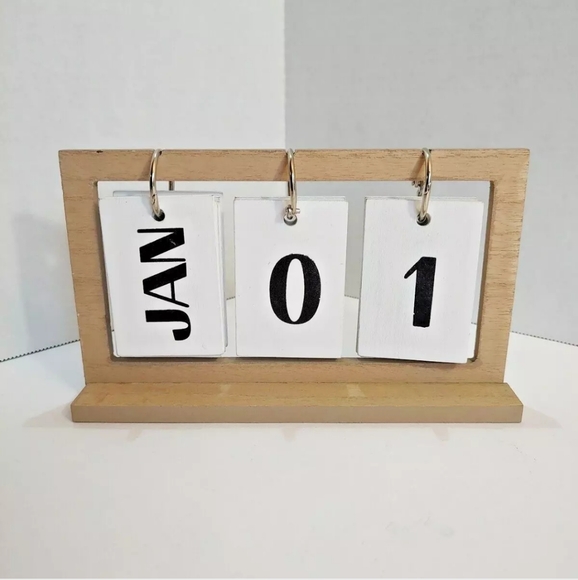 Neutral Tranquility Perpetual Calendar Metal & Wood Black White Brown Tabletop - Picture 2 of 9